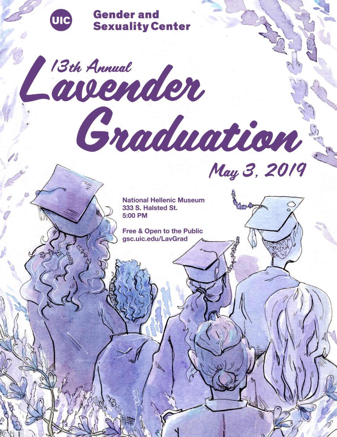 Purple watercolor illustration of a group of graduates with the title 