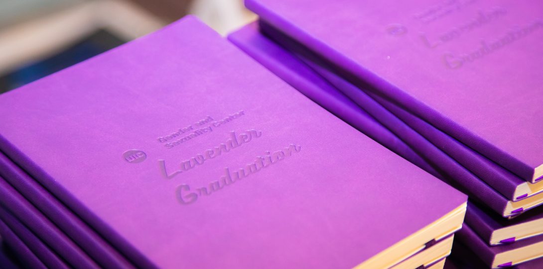 Purple LavGrad notebooks.