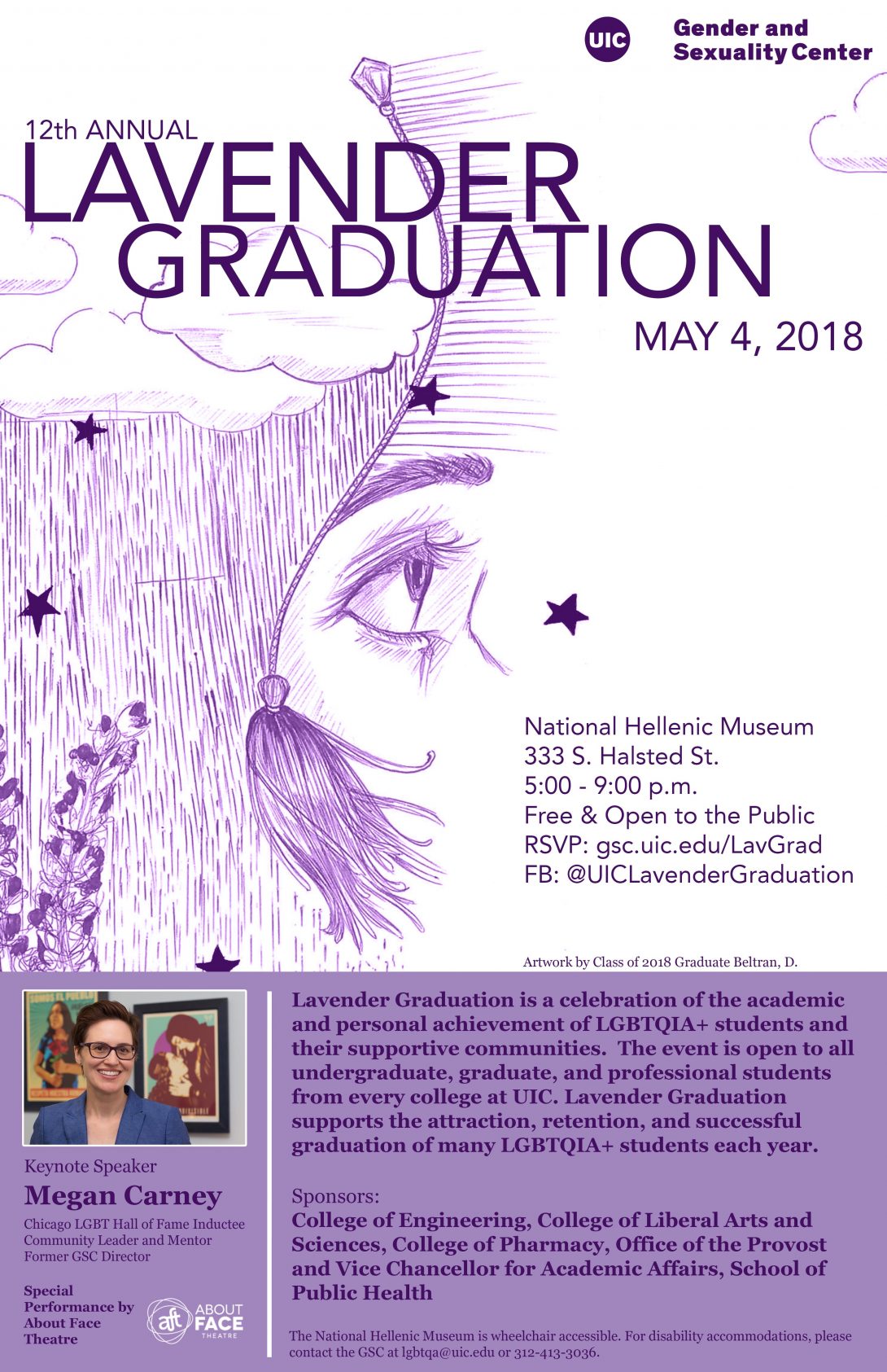 Poster for the 2018 Lavender Graduation. Illustration of a person's side profile with stars and clouds, the title of the poster at the top. Image of the keynote speaker at the bottom left with the description in purple text in the bottom right.