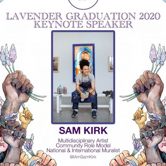 Poster for the 2020 Lavender Graduation. Background is white with illustrations of fists holding onto lavenders in the bottom left and right corners. The purple GSC logo is at the center top of the poster with the title 