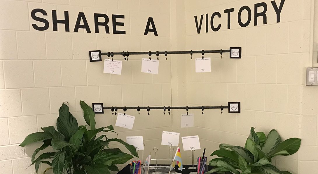 Share a Story vinyl letters on a wall with plants on either side. Two metal rods hold cards with the prompt.