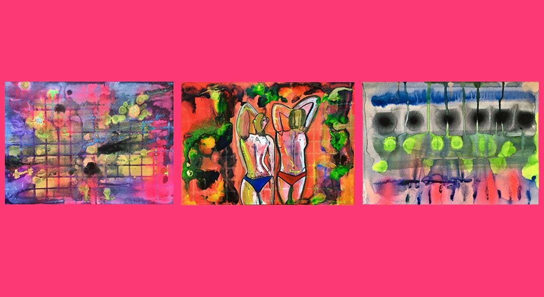 3 paintings that are abstract, blurred watercolor strokes & spots of black, hot pink, blue, red, yellow, and neon green. one painting in the middle has two figures in blue and red bikinis. Hot pink background.