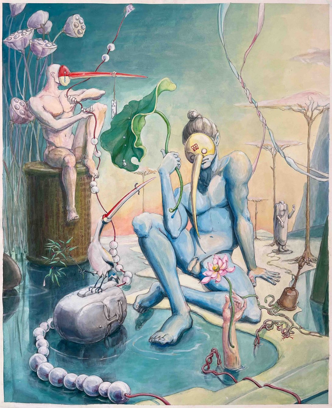 A blue figure rests beside a body of water holding a lotus leaf. There is a sculpture of a head floating on the water besides the figure. On the sculpture stands a three-legged bird. Its one leg grabs bamboo flowers. On the other side of the blue figure, there is a bell. A hand holding a lotus flower emerges from the water. Another figure sits in the background on a bamboo culm appearing from the water, and beads pearl-like seeds into belts. The culm is engraved with Mandarin manuscripts. There are giant lotus plants behind them. Both figures and the bird wear a beak-like mask. Further in the background, there is a headless figure making Varadamudra gesture, which symbolizes compassion and boon-granting. The color of the sky progresses from blue to warm red.