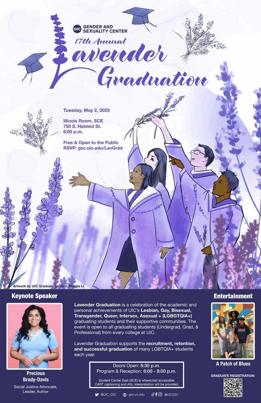ID: A white background with lavender plants throughout features four graduates at the bottom right of the page. The GSC logo is at the top and below, the lavender text states 