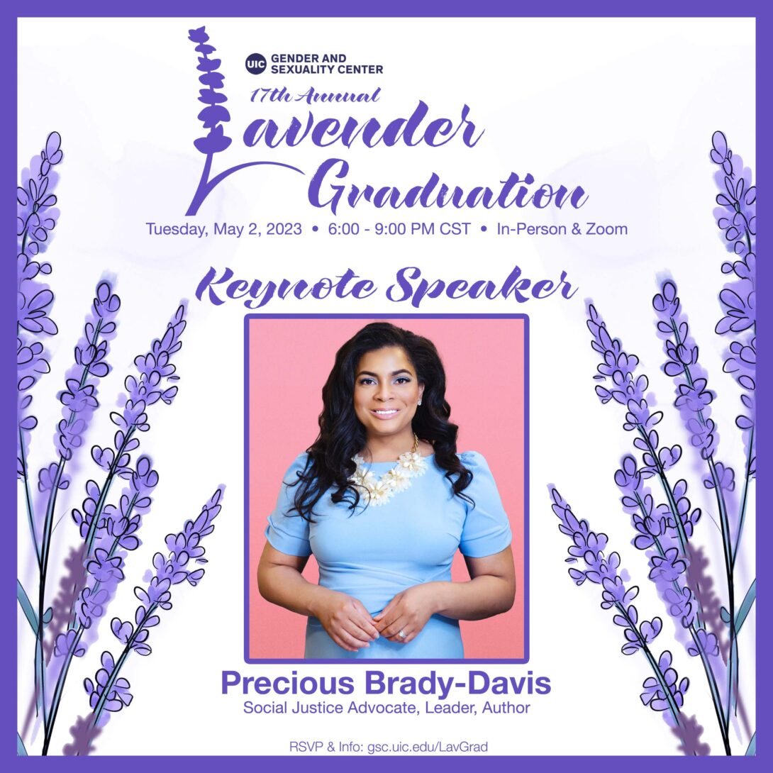 Precious Brady-Davis keynote speaker with lavender on left and right side. GSC logo and Lavender Graduation text on top. Lavender square border.