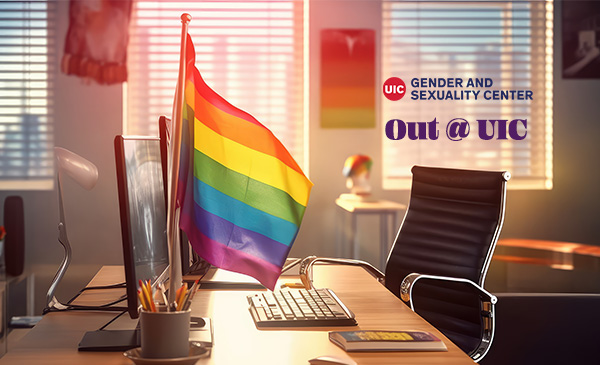 Rainbow flag on desk with GSC logo and title 