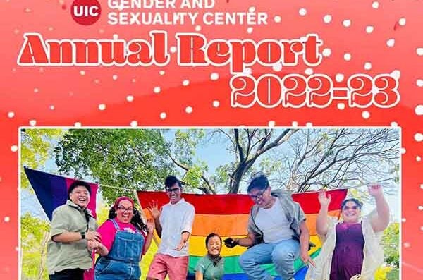 Cover of annual report 2022-23, student jumping in front of pride flag