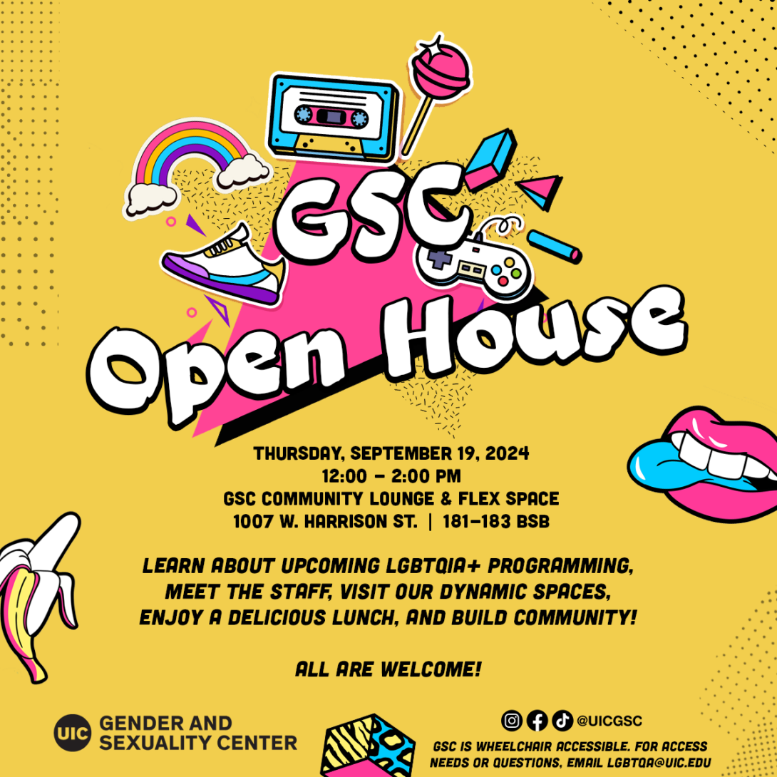 A yellow background with black text discusses the description of the GSC Open House. A large title with white letters and a pink triangle sits at the center of the page with 90s references like cassette, video game player, and lolipop. A triangle trail leads to a rainbow at the center of the flyer. A black GSC logo sits at the bottom with a wheelchair accessibility statement.