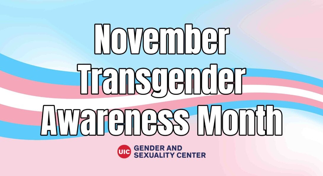 November Transgender Awareness Month text with trans flag wave and blend background