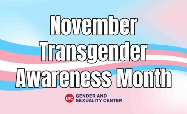 November Transgender Awareness Month text with trans flag wave and blend background