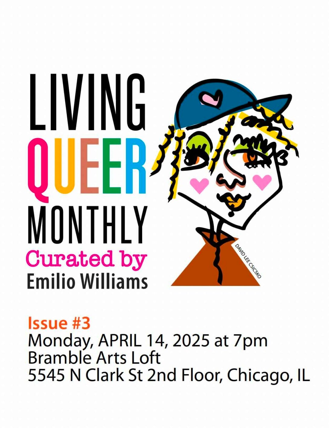 Living Queer Monthly text on left side with event details below. Image of a person with blue baseball cap, green eyeshadow, makeup, and orange top.